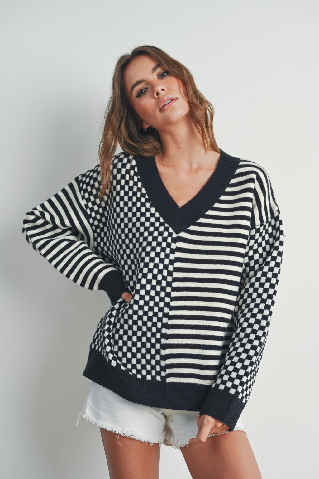 Checker V neck Cozy Sweater