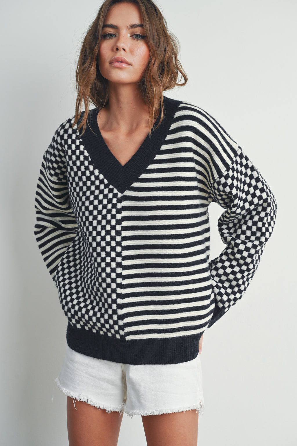 Checker V neck Cozy Sweater