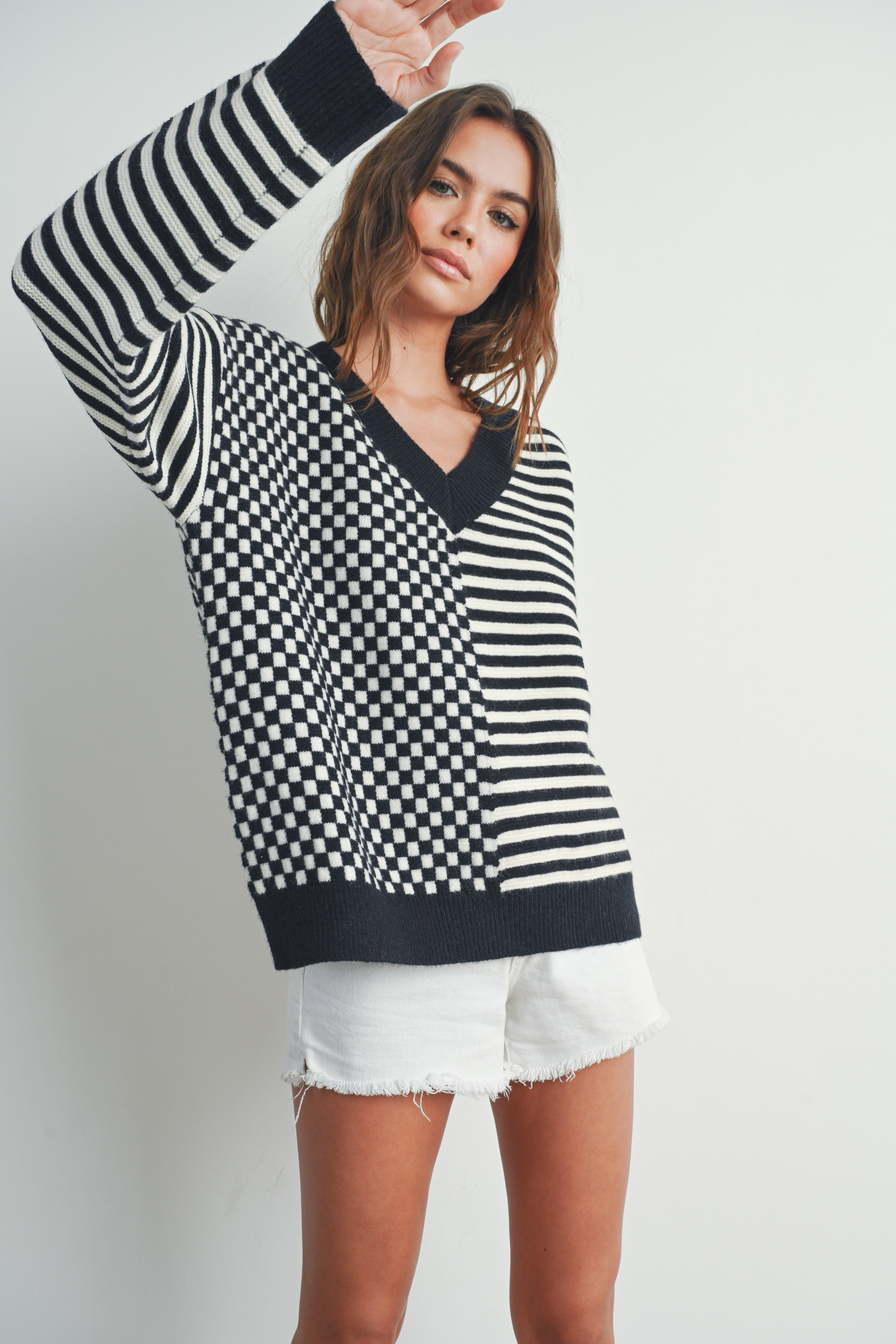 Checker V neck Cozy Sweater