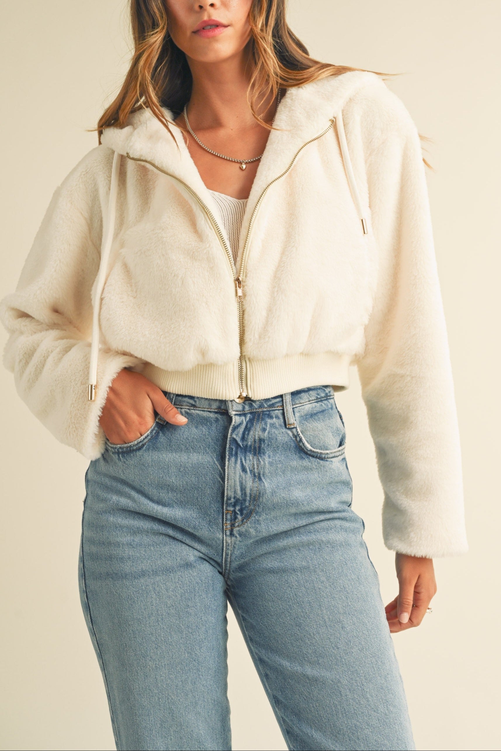 Faux Fur Hoodie Crop Jacket