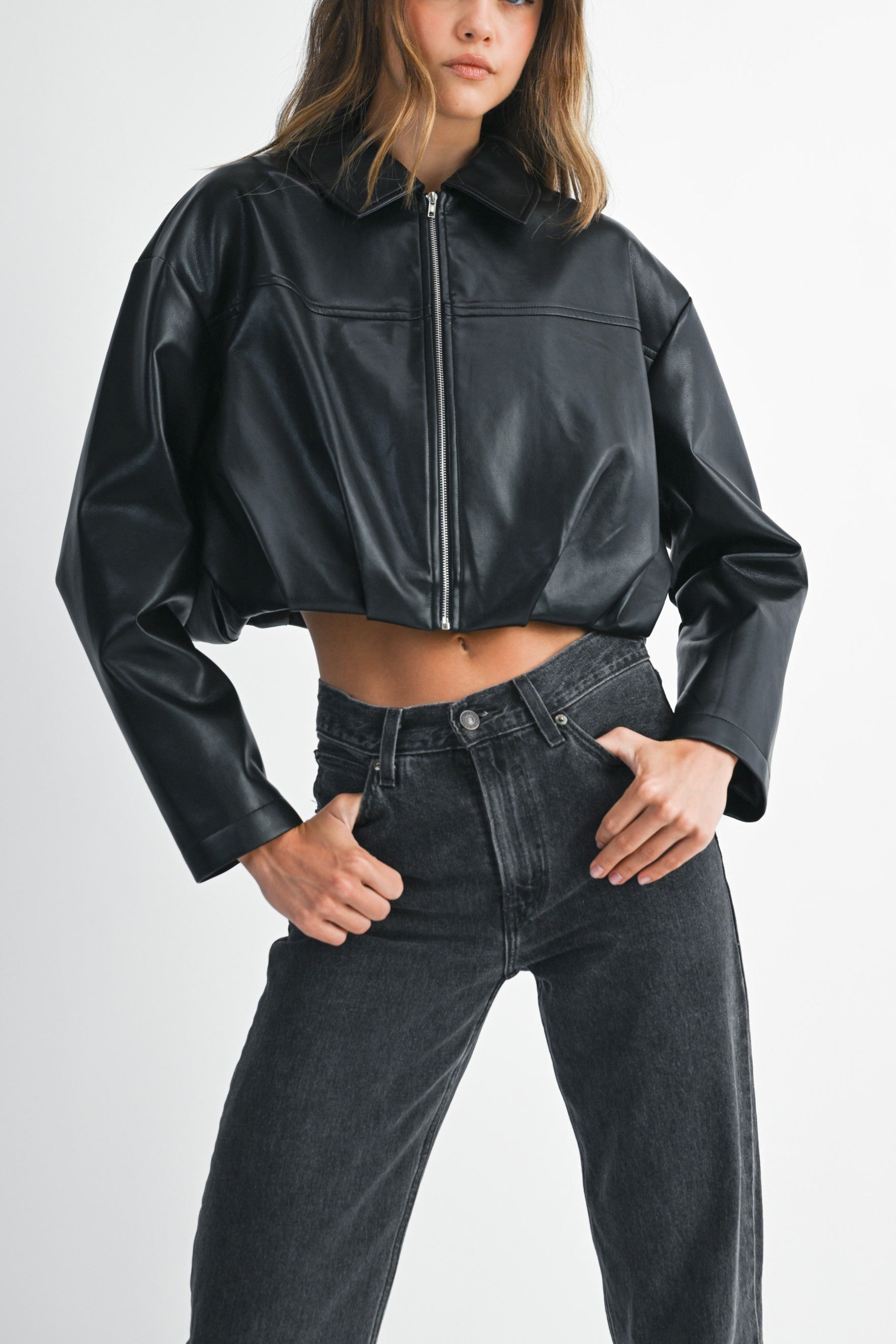 Faux Leather Pleated Bubble Hem Cropped Jacket
