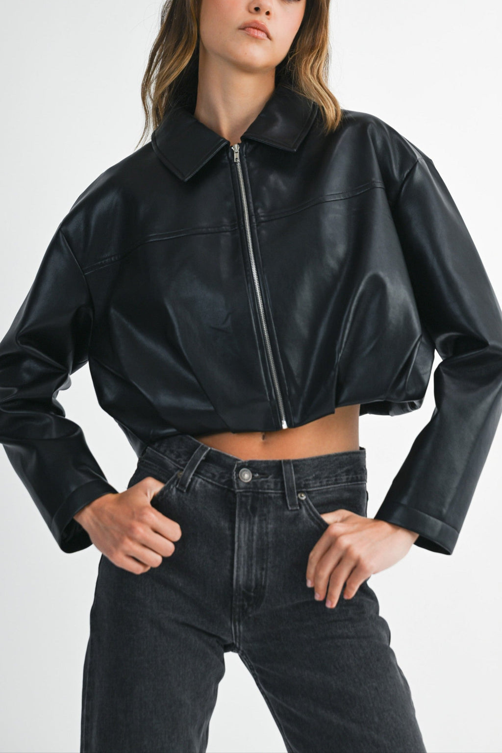 Faux Leather Pleated Bubble Hem Cropped Jacket