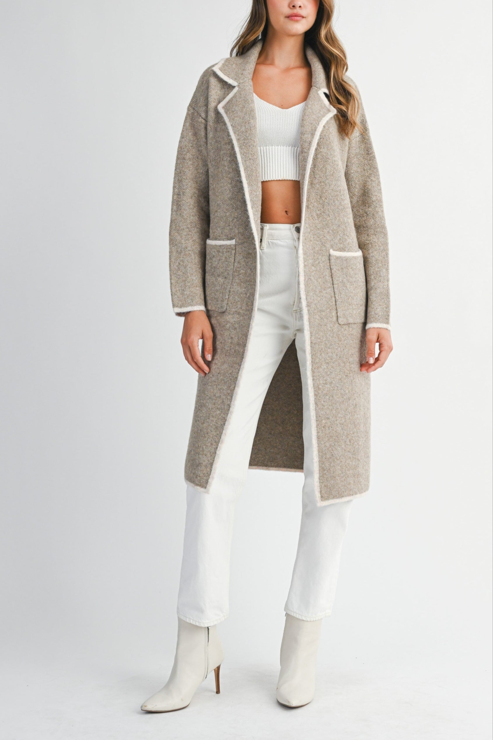 Contrast Trim Knit Lapel Open Cardigan