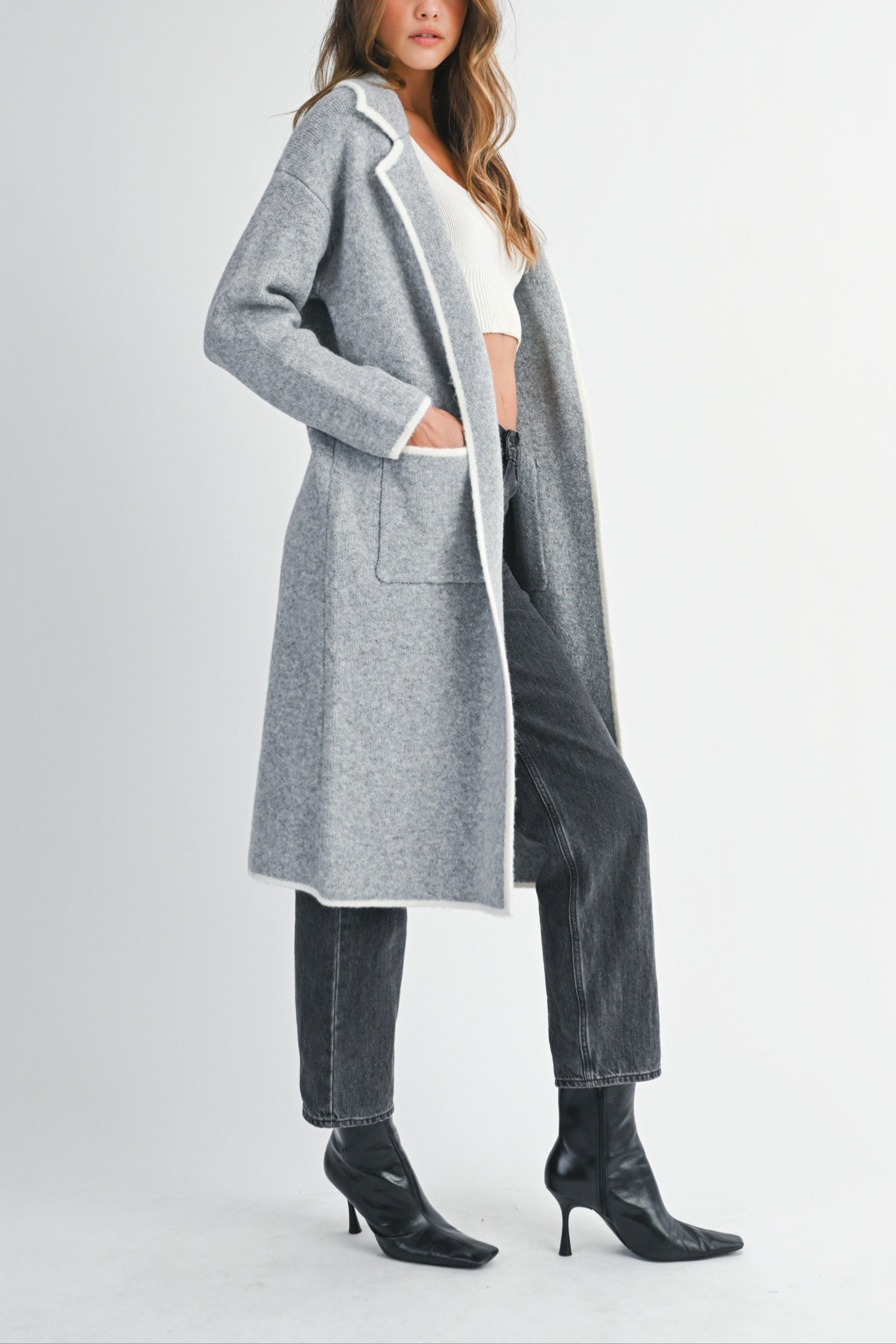 Contrast Trim Knit Lapel Open Cardigan