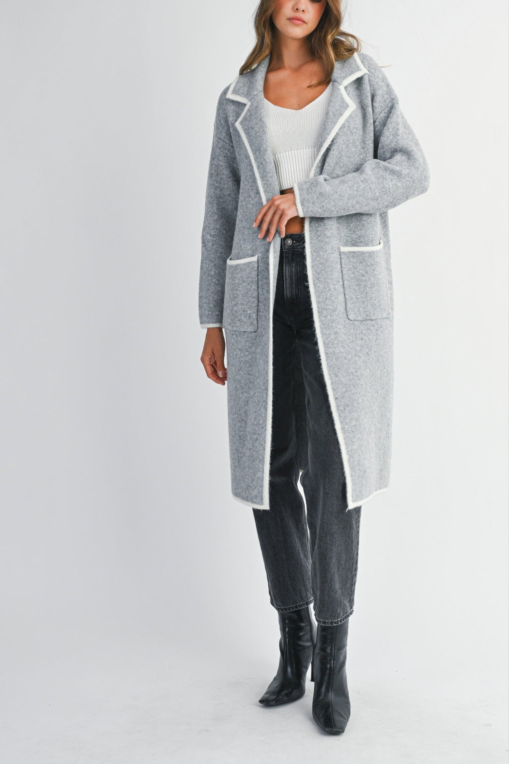 Contrast Trim Knit Lapel Open Cardigan