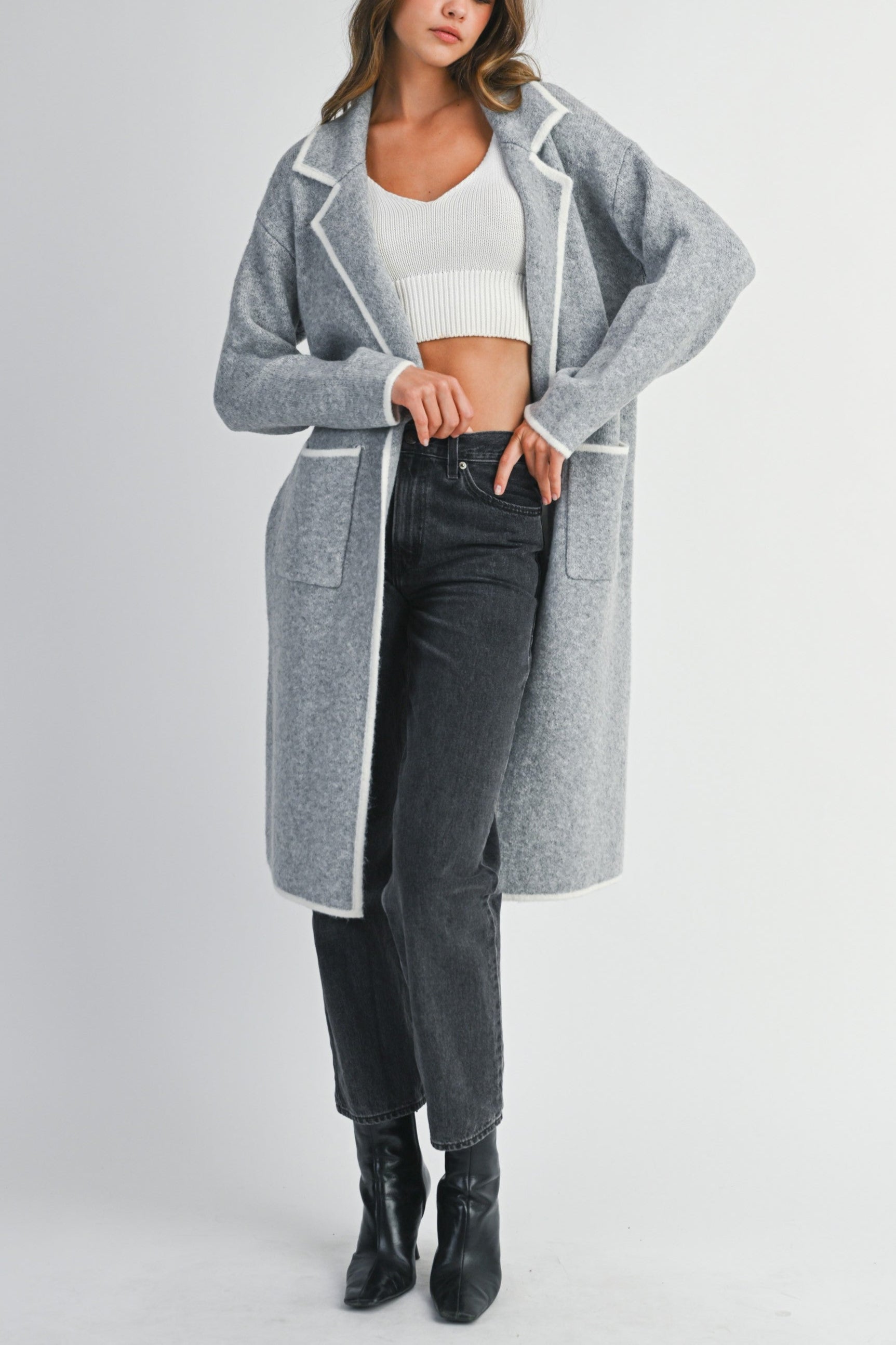 Contrast Trim Knit Lapel Open Cardigan