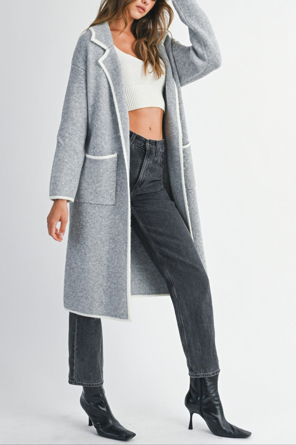 Contrast Trim Knit Lapel Open Cardigan