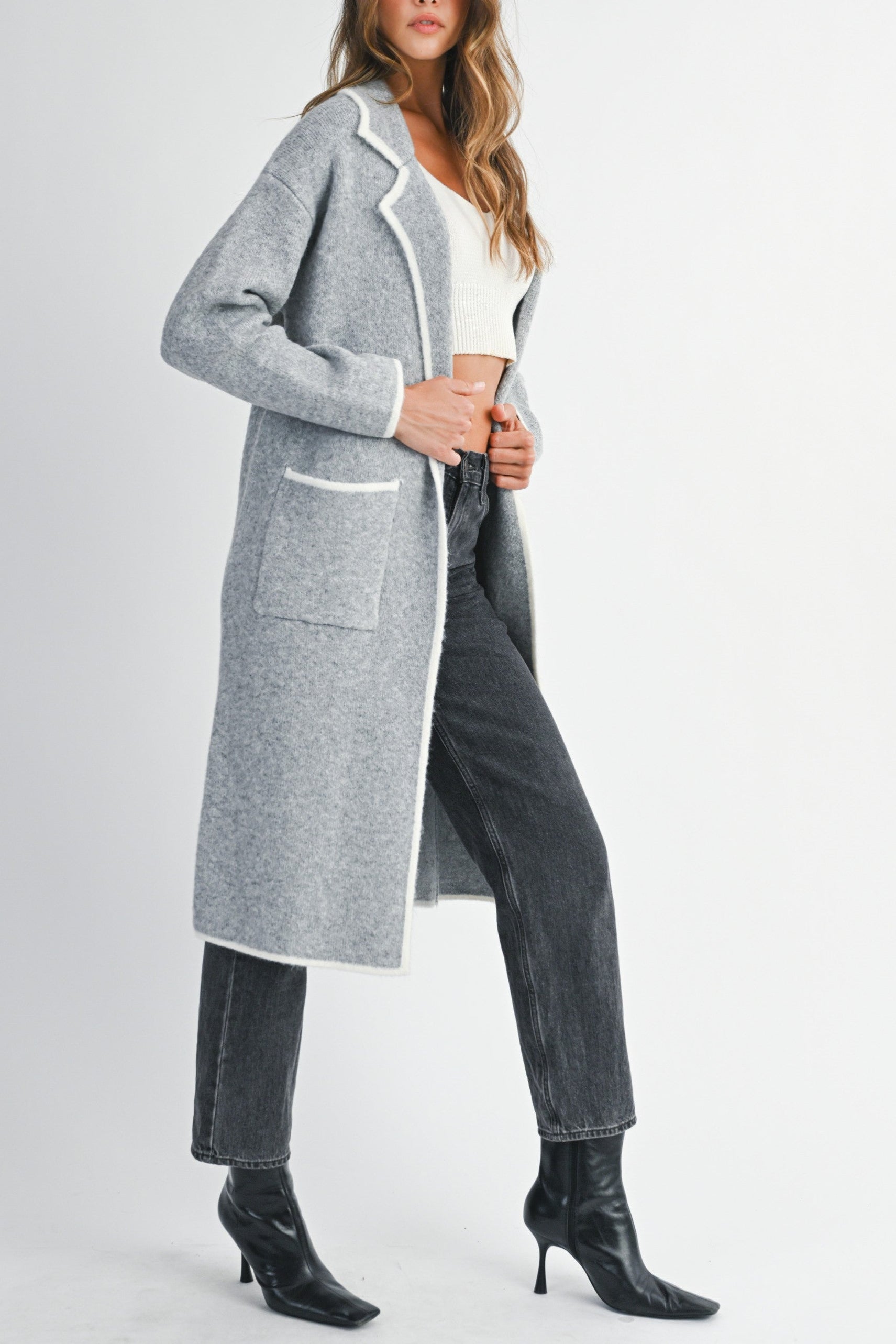 Contrast Trim Knit Lapel Open Cardigan