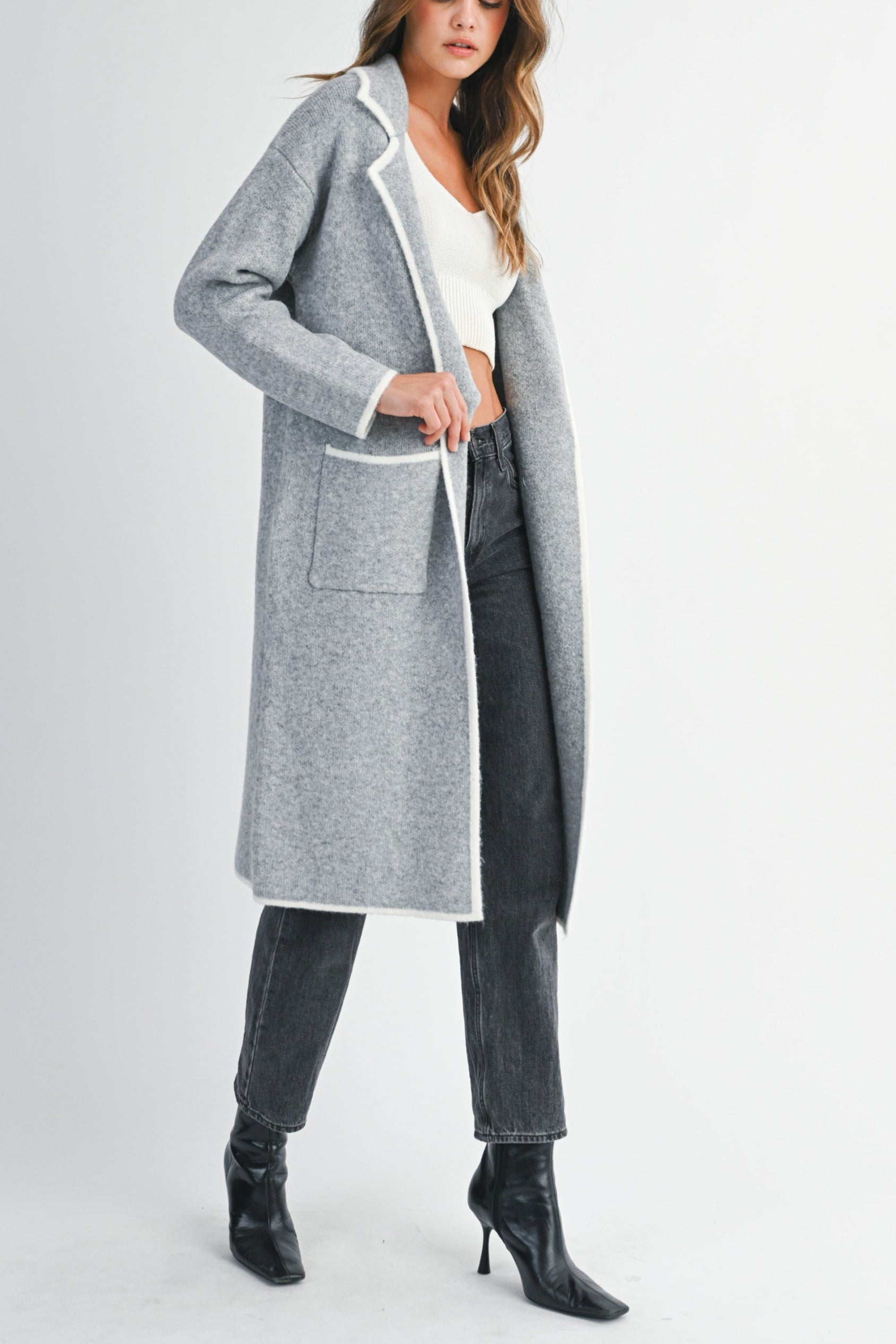 Contrast Trim Knit Lapel Open Cardigan