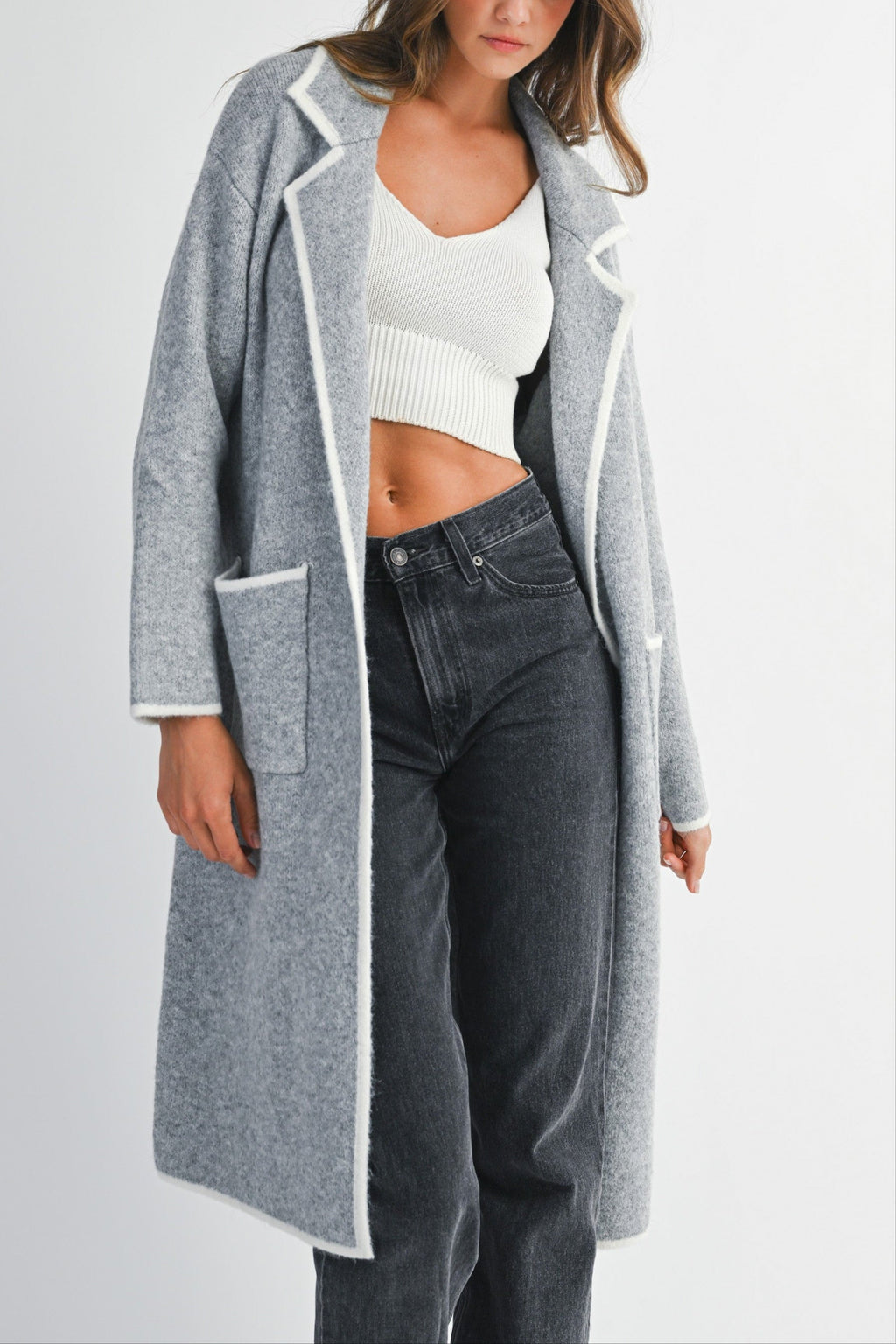 Contrast Trim Knit Lapel Open Cardigan