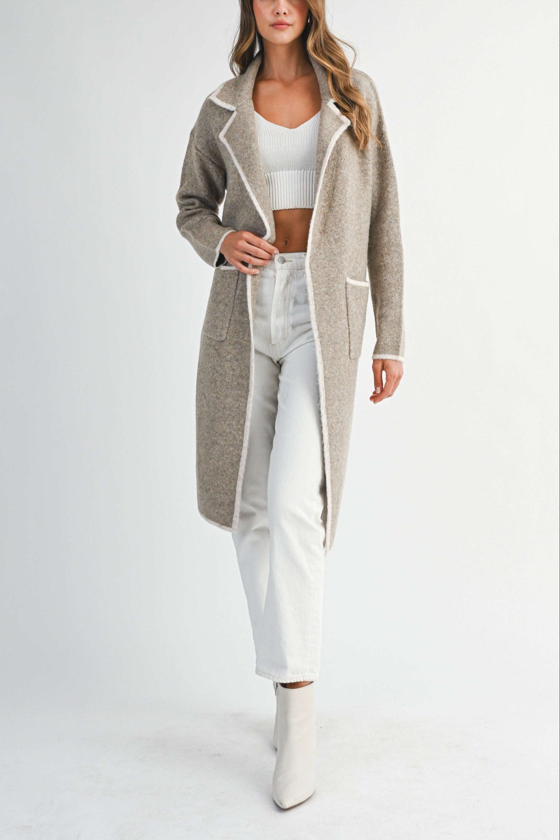 Contrast Trim Knit Lapel Open Cardigan