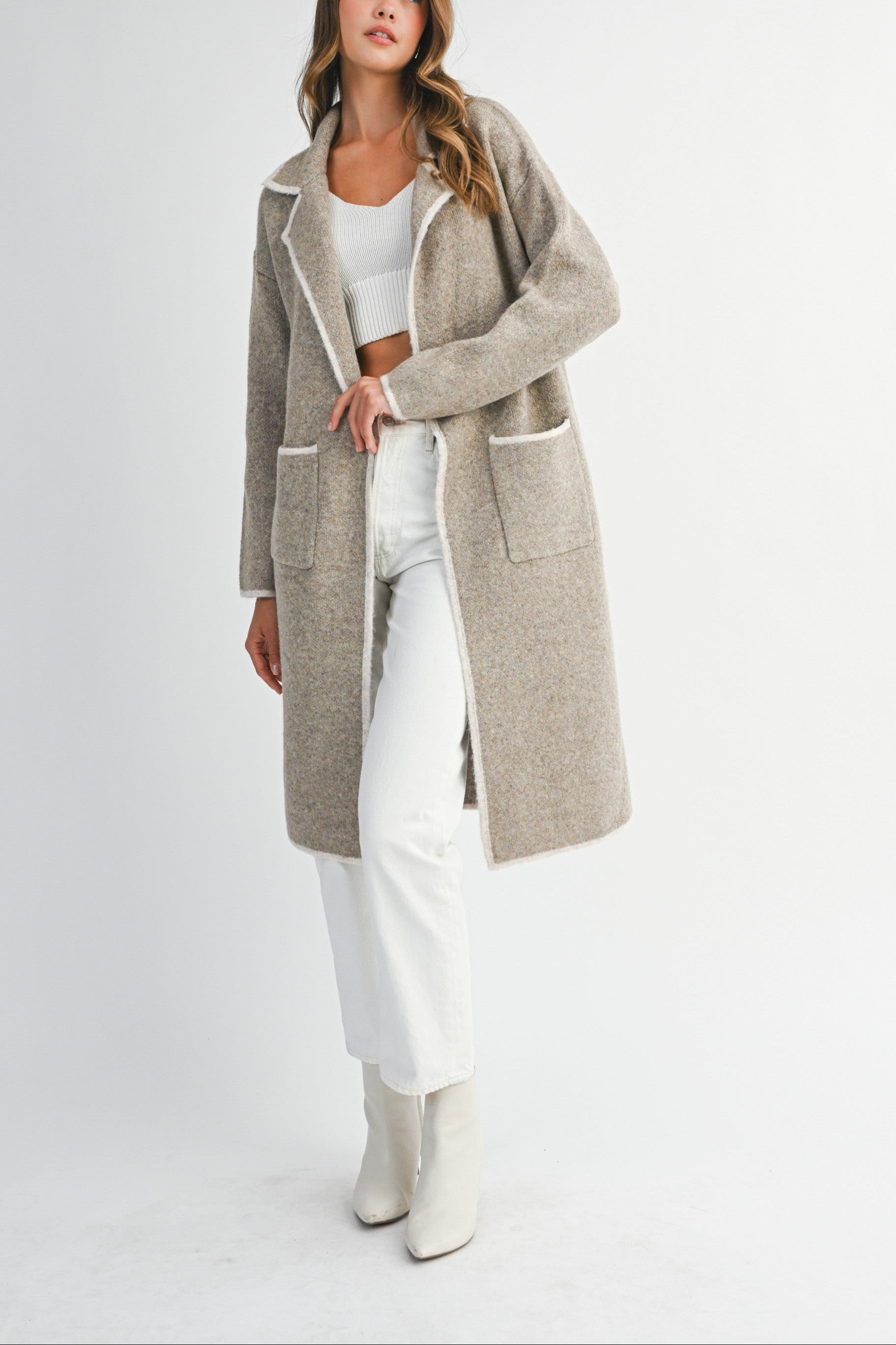 Contrast Trim Knit Lapel Open Cardigan