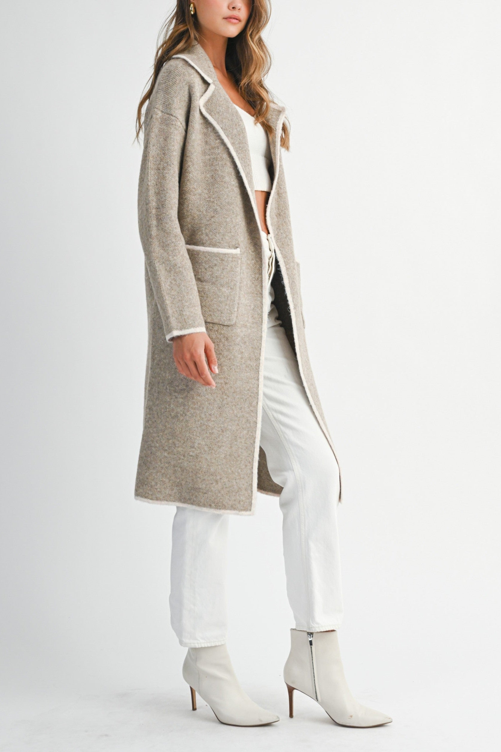 Contrast Trim Knit Lapel Open Cardigan