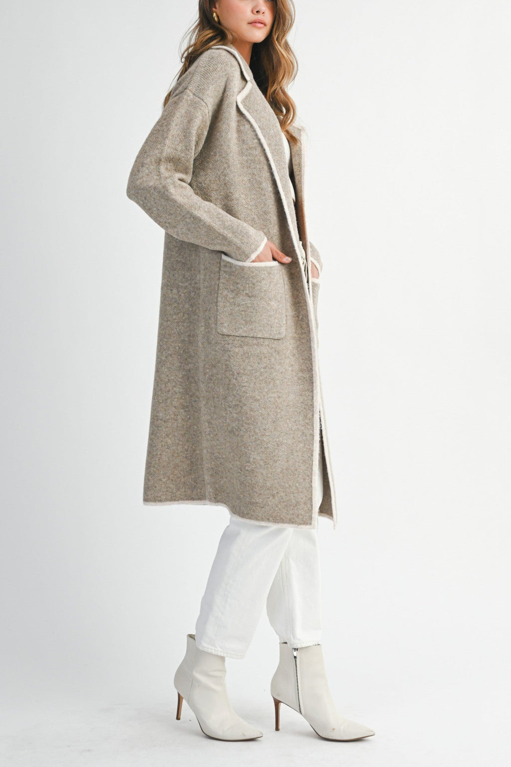 Contrast Trim Knit Lapel Open Cardigan