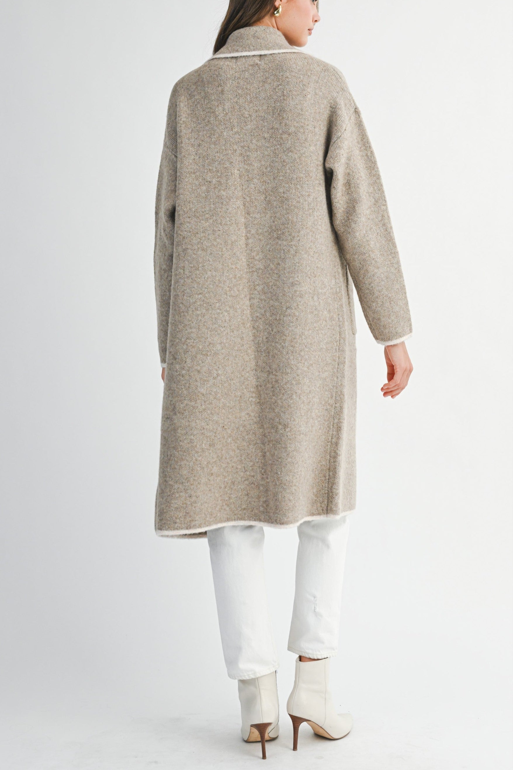 Contrast Trim Knit Lapel Open Cardigan