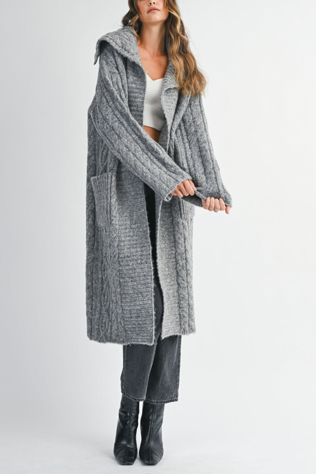 Cozy Cable Knit Longline Cardigan Coat with Wide Collar