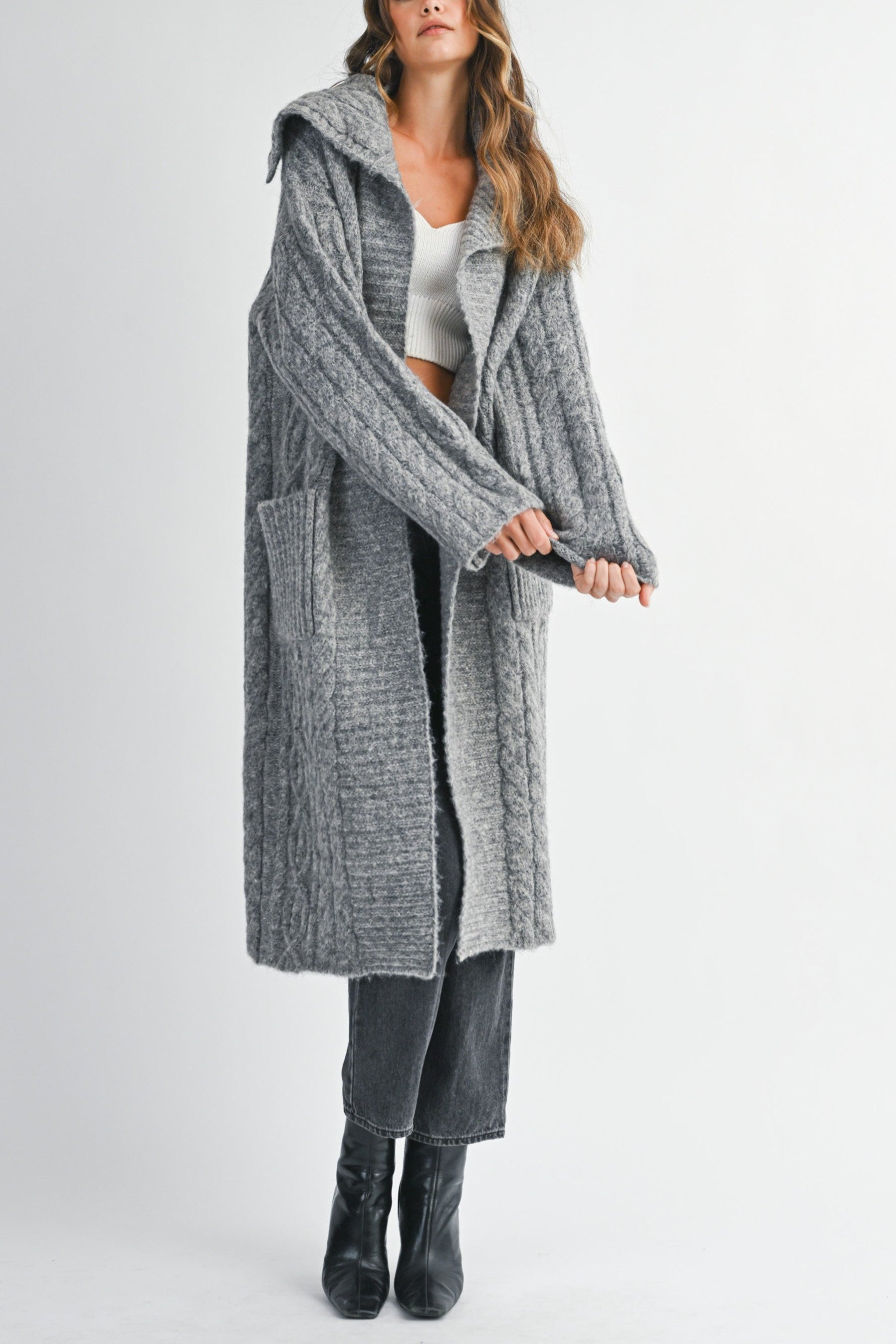 Cozy Cable Knit Longline Cardigan Coat with Wide Collar