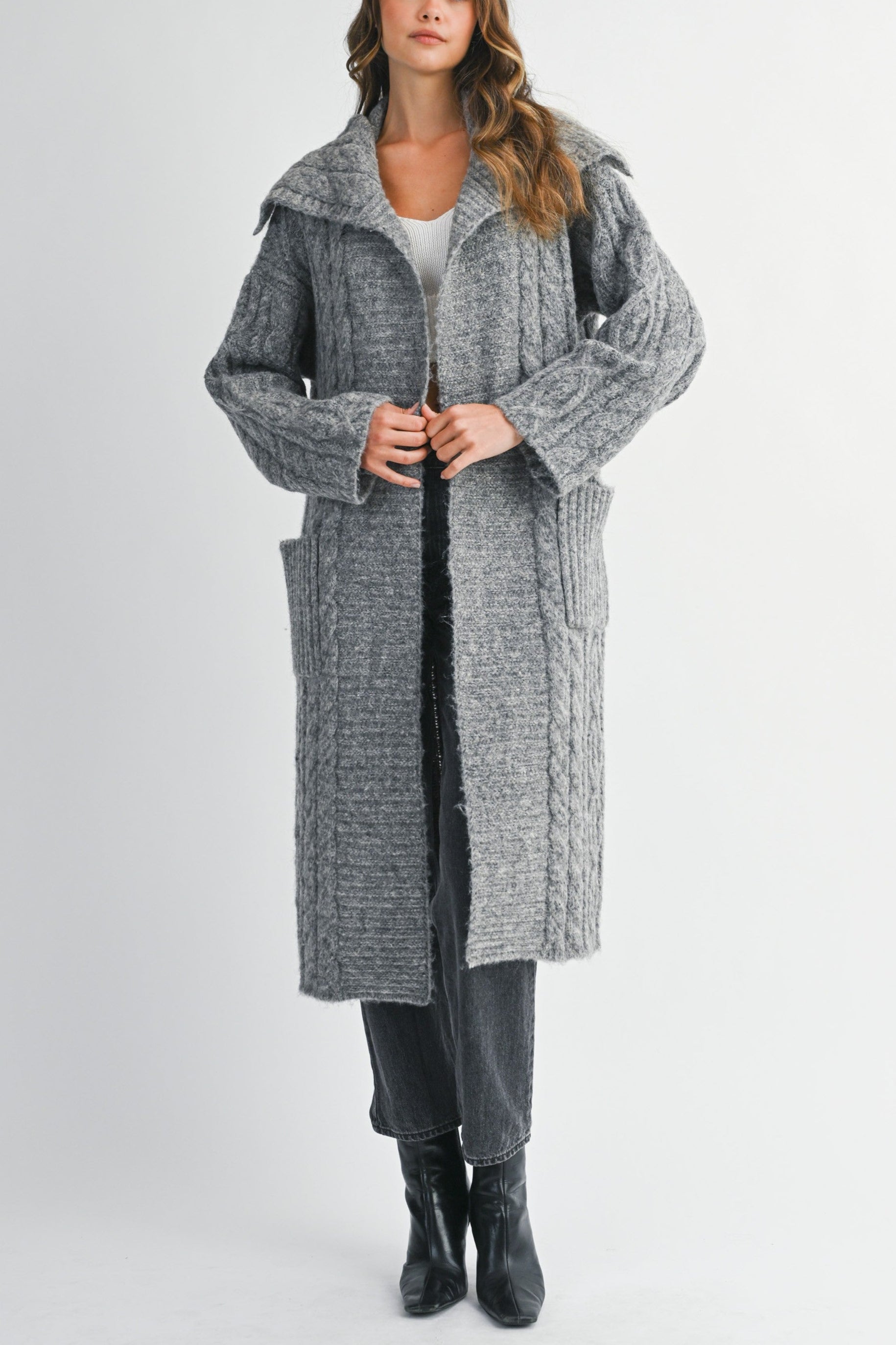Cozy Cable Knit Longline Cardigan Coat with Wide Collar