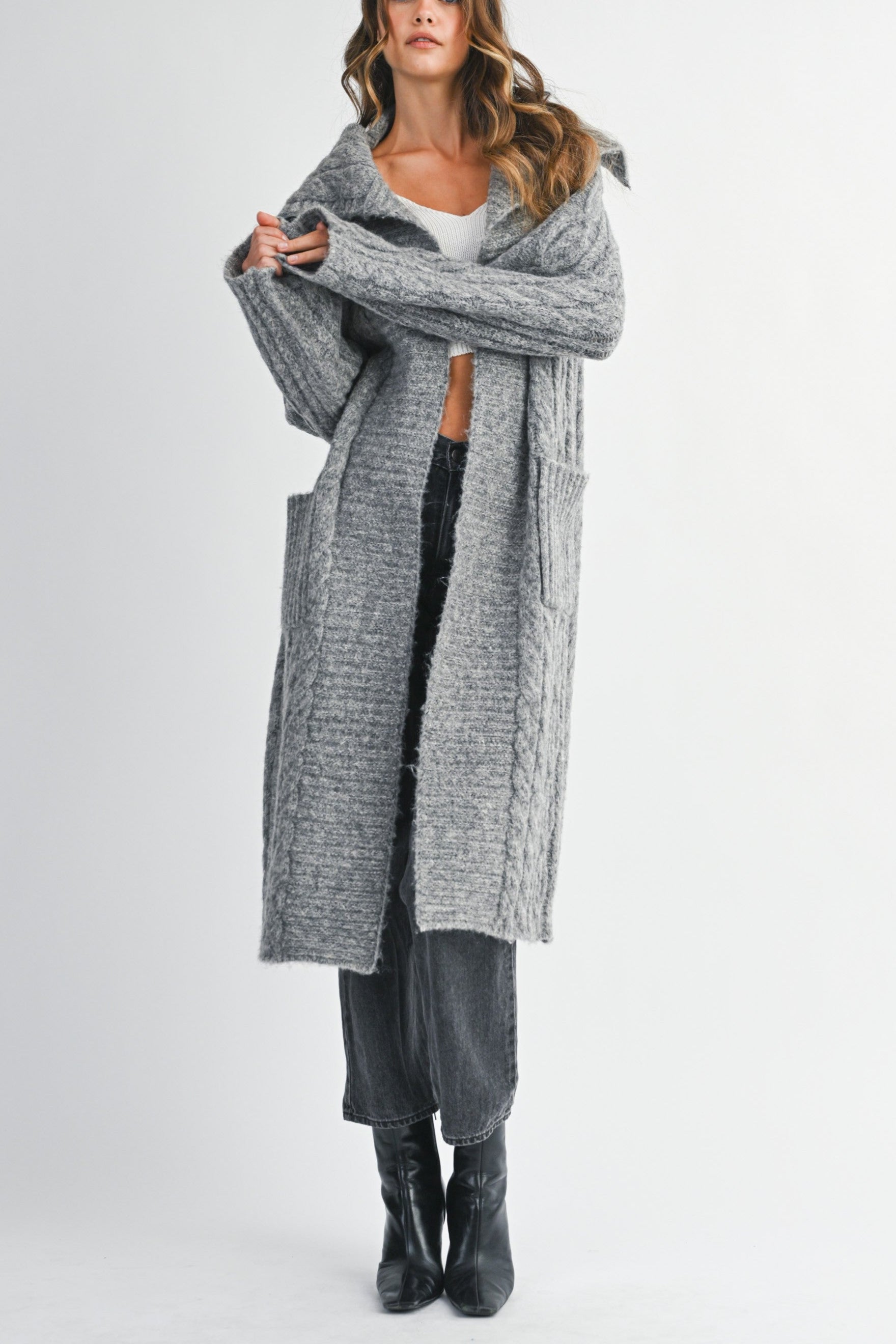 Cozy Cable Knit Longline Cardigan Coat with Wide Collar
