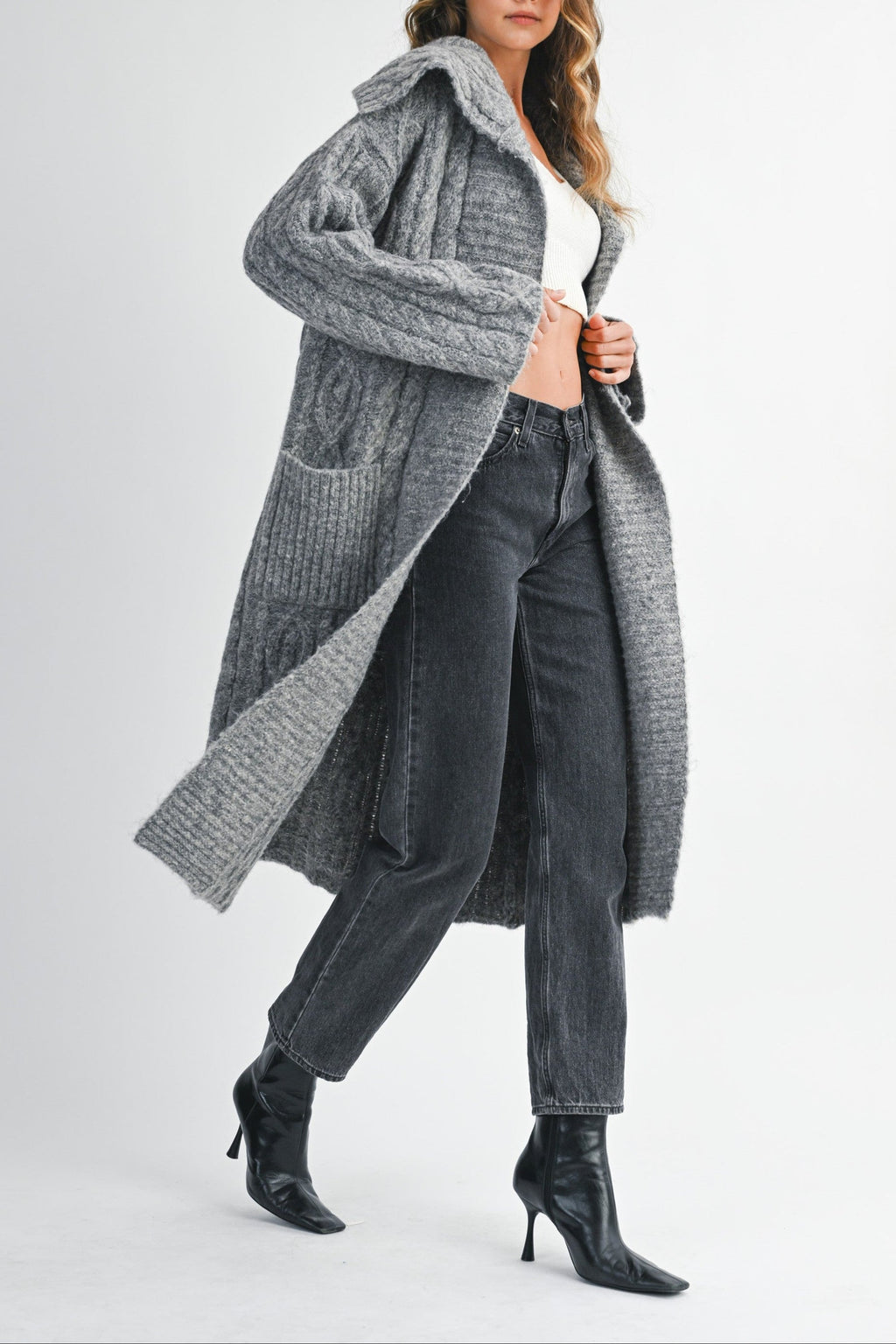Cozy Cable Knit Longline Cardigan Coat with Wide Collar