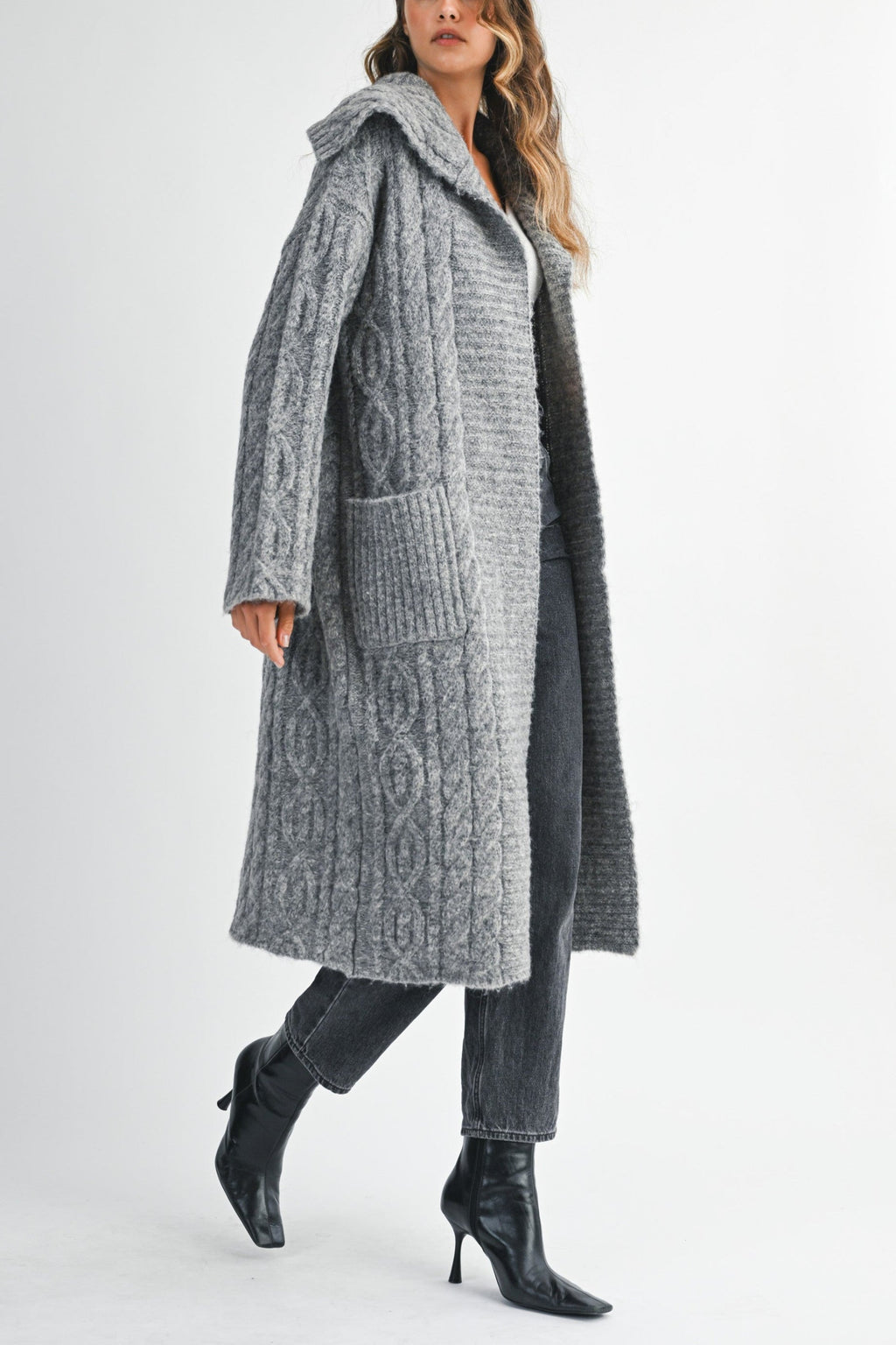 Cozy Cable Knit Longline Cardigan Coat with Wide Collar