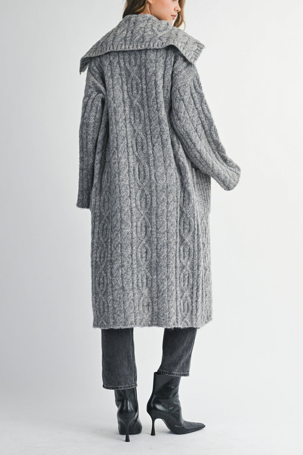 Cozy Cable Knit Longline Cardigan Coat with Wide Collar