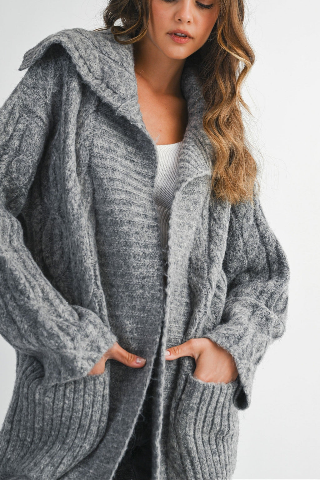 Cozy Cable Knit Longline Cardigan Coat with Wide Collar