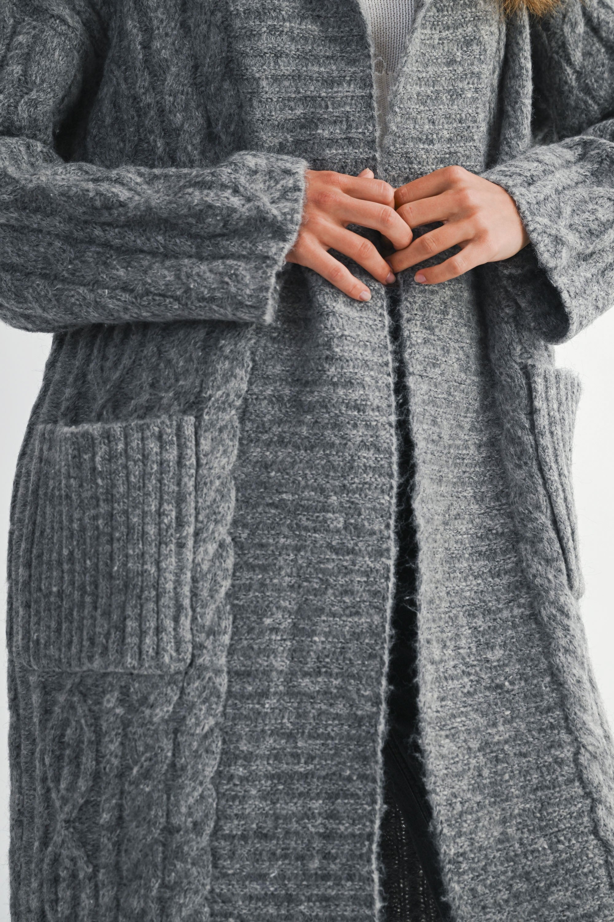 Cozy Cable Knit Longline Cardigan Coat with Wide Collar