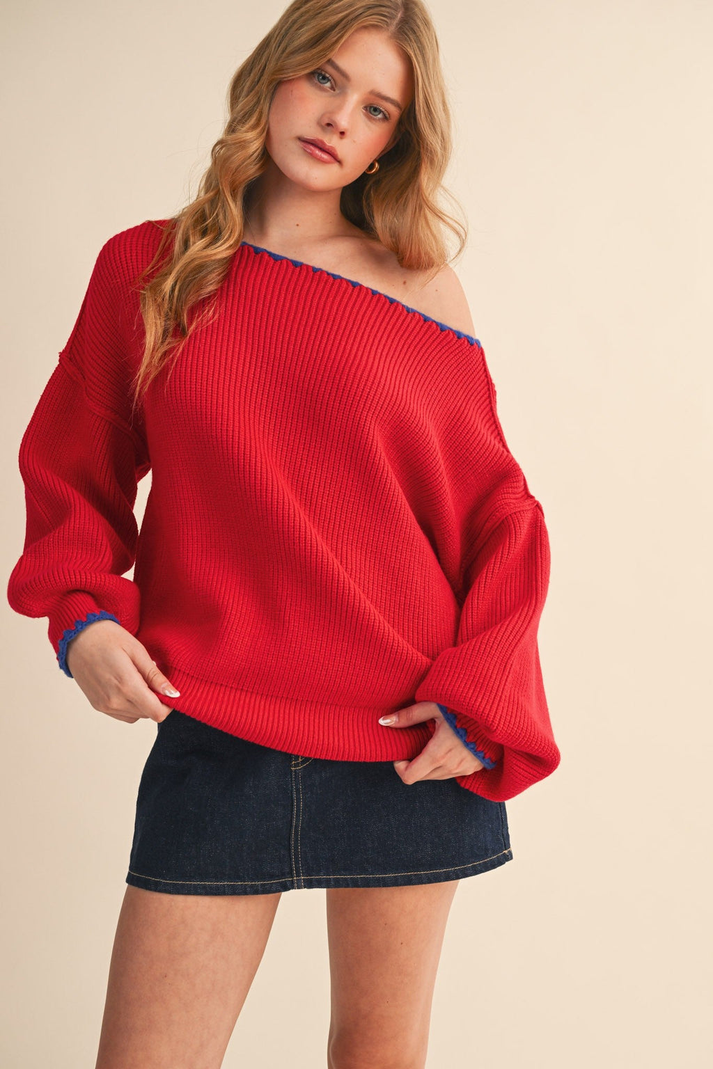 Scallop Trim Off Shoulder Knit Sweater
