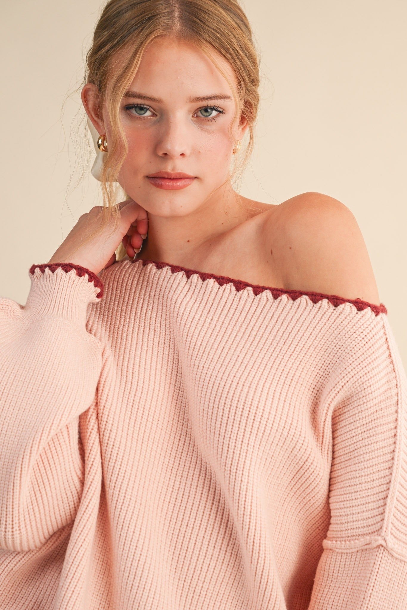 Scallop Trim Off Shoulder Knit Sweater
