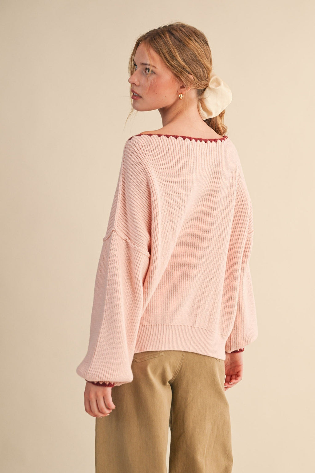 Scallop Trim Off Shoulder Knit Sweater
