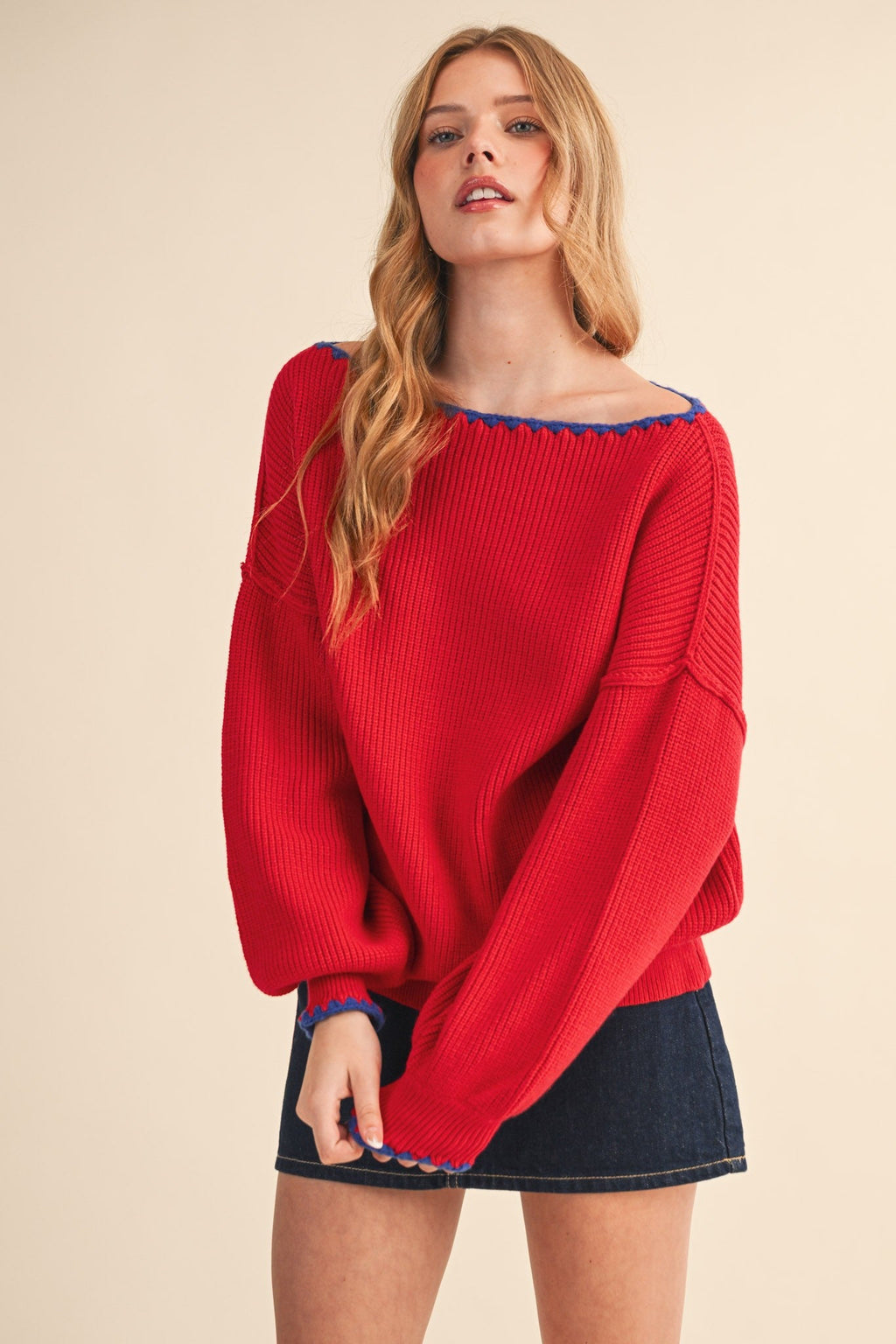 Scallop Trim Off Shoulder Knit Sweater