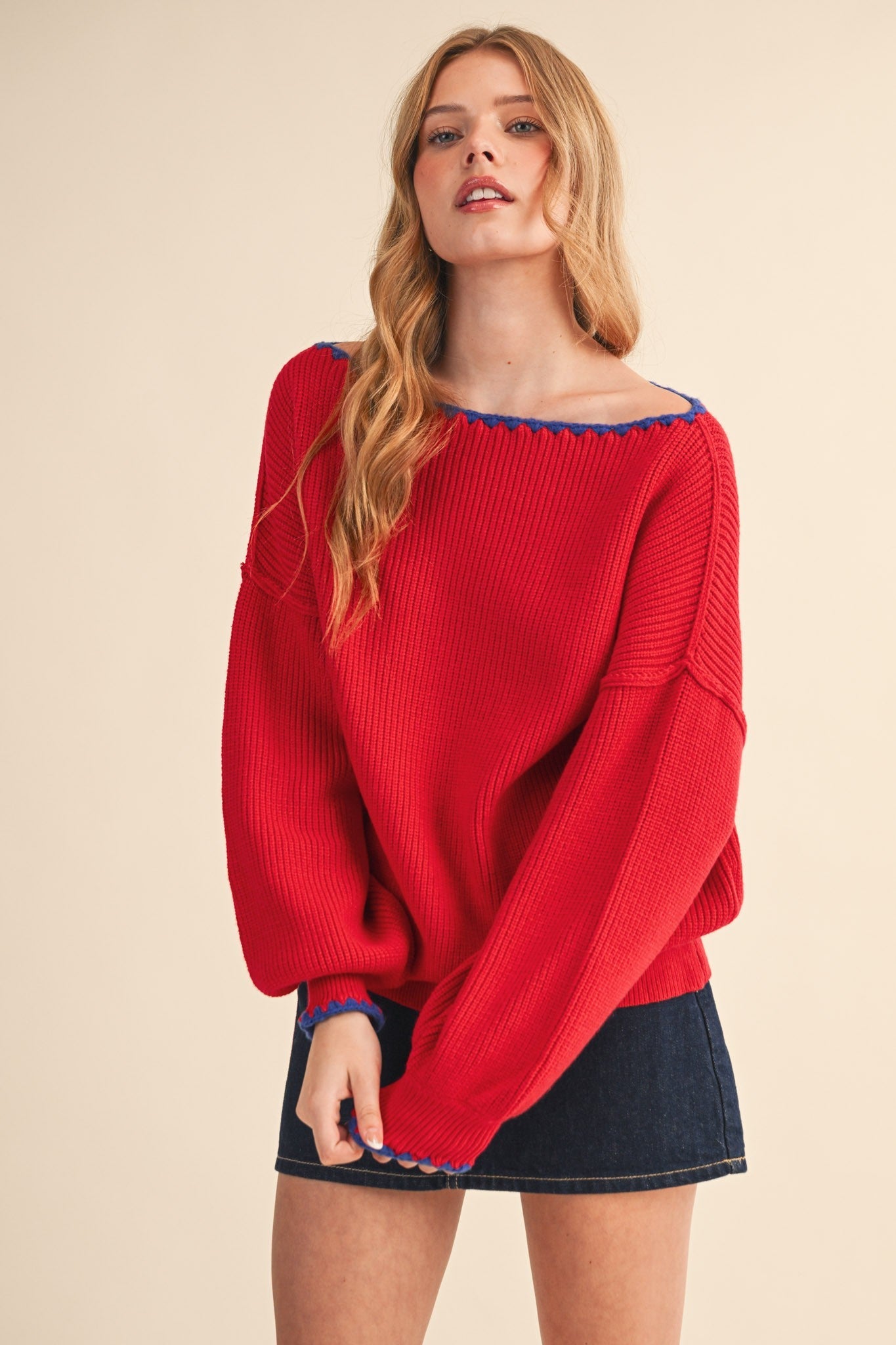 Scallop Trim Off Shoulder Knit Sweater