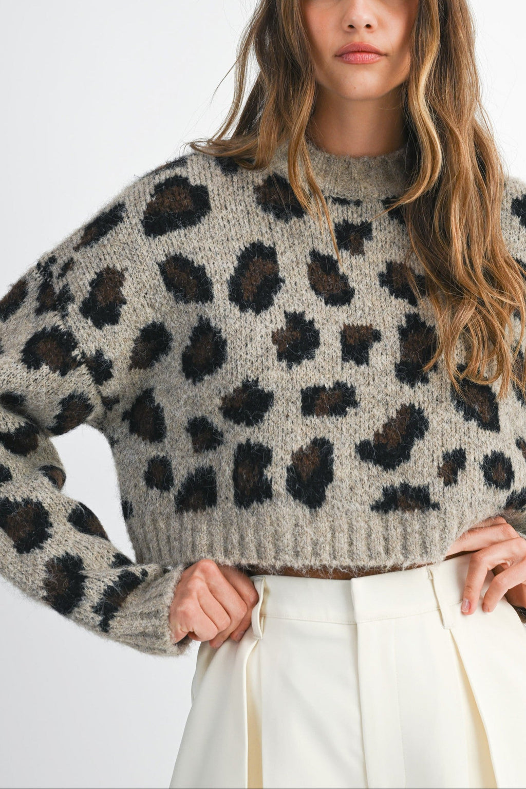 Fuzzy Leopard Print Cropped Sweater
