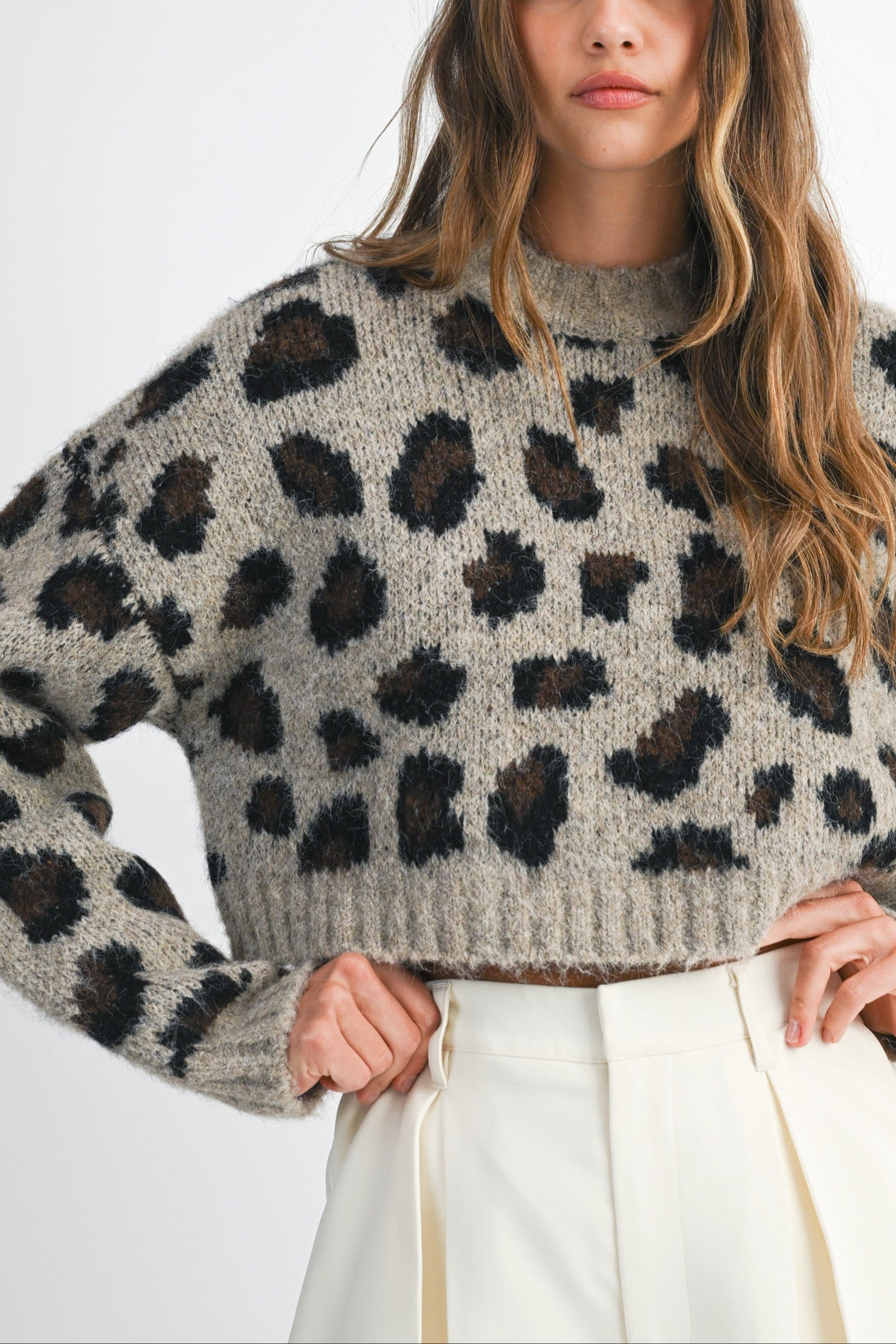 Fuzzy Leopard Print Cropped Sweater