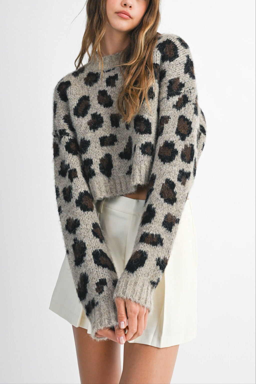 Fuzzy Leopard Print Cropped Sweater
