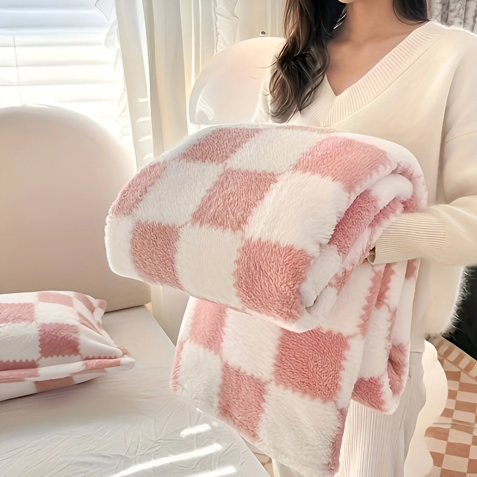 Pink & White Checkered Fleece Blanket - Soft, Plush Cozy Decor
