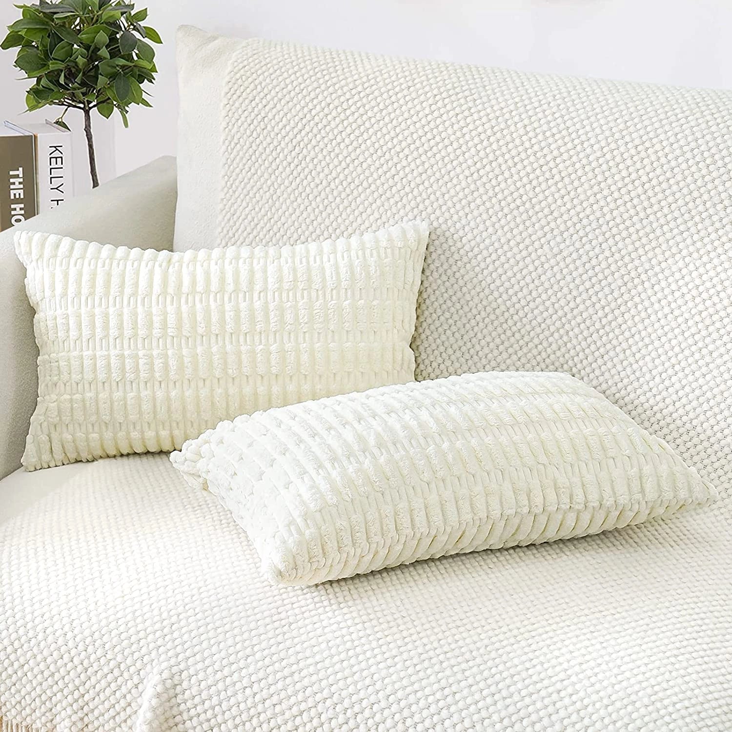 Textured Corduroy Cushions: Beige Sofa & Lumbar Pillows Decor