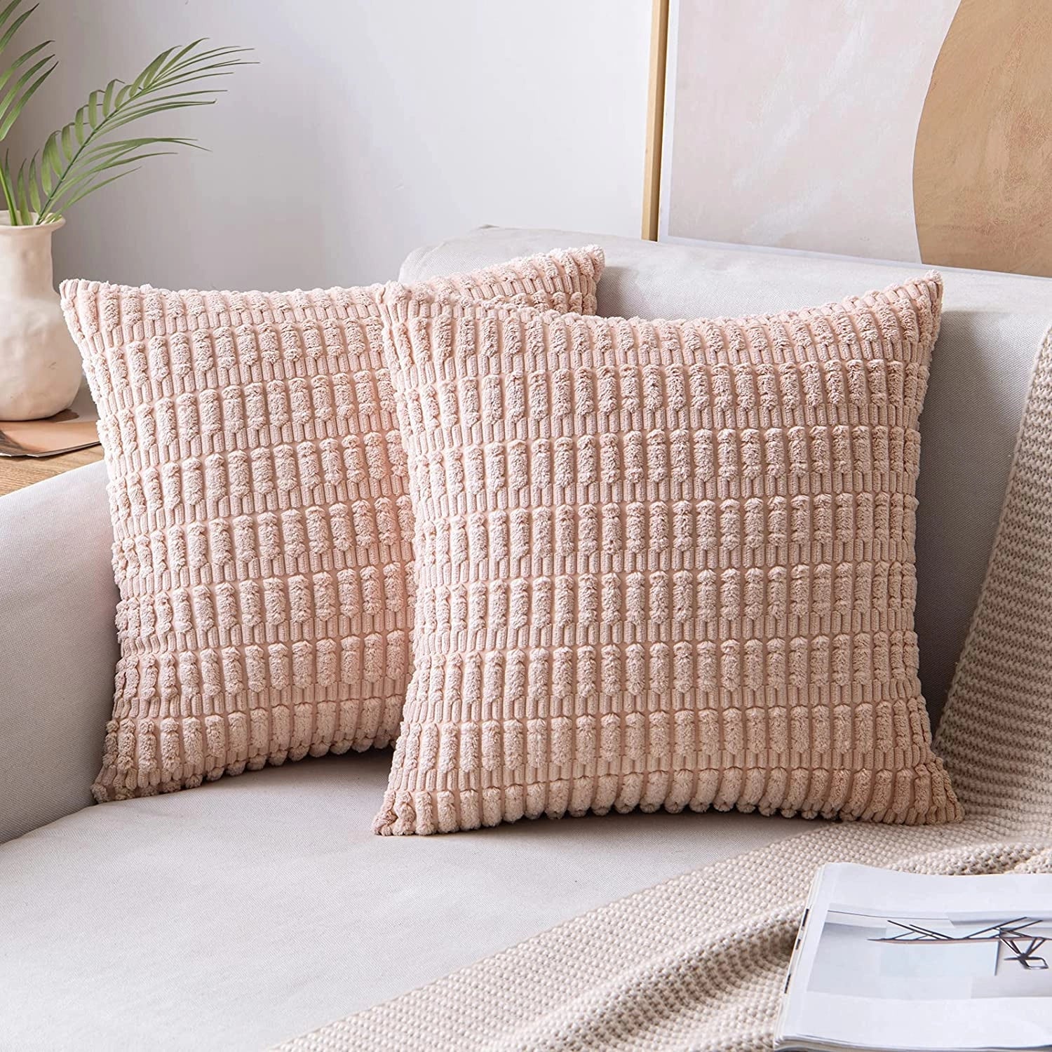 Textured Corduroy Cushions: Beige Sofa & Lumbar Pillows Decor