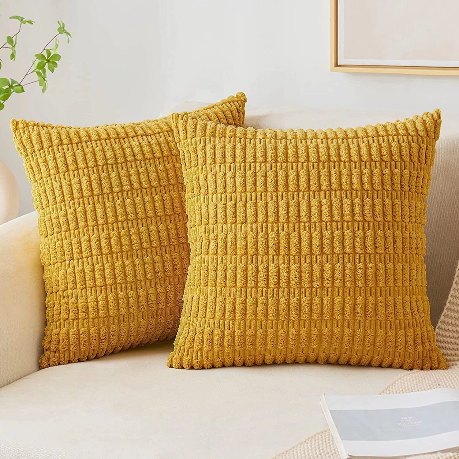 Textured Corduroy Cushions: Beige Sofa & Lumbar Pillows Decor