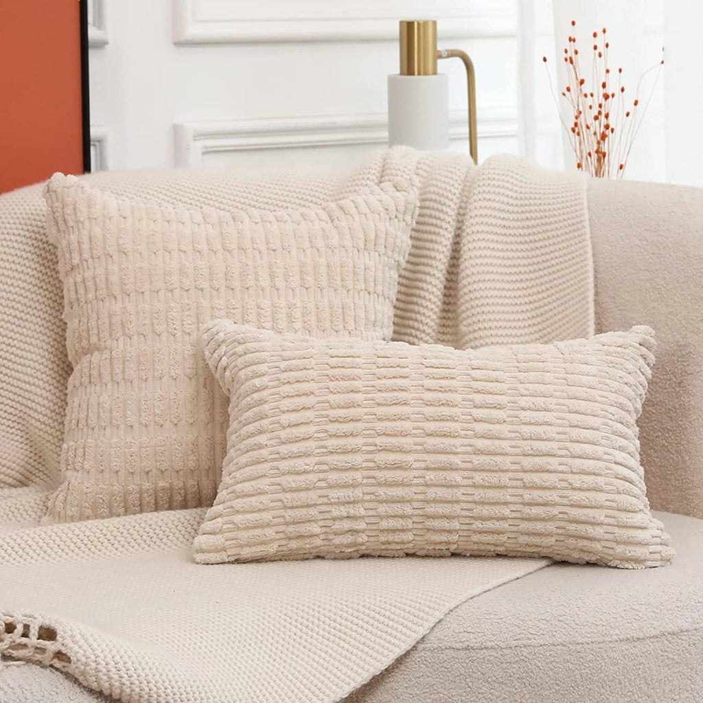 Textured Corduroy Cushions: Beige Sofa & Lumbar Pillows Decor