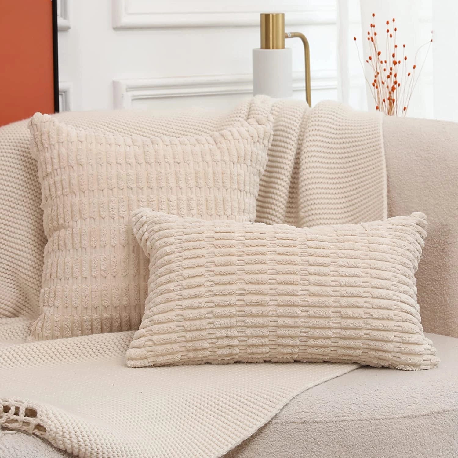 Textured Corduroy Cushions: Beige Sofa & Lumbar Pillows Decor