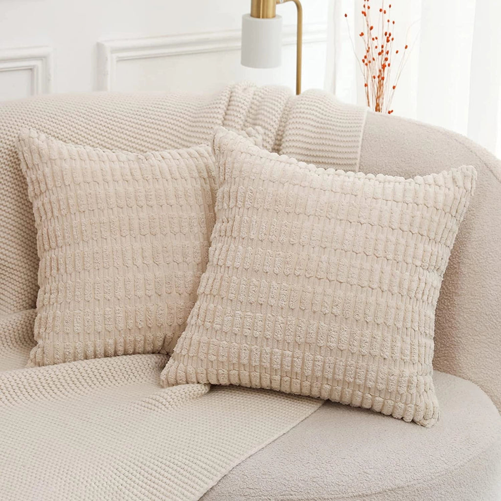 Textured Corduroy Cushions: Beige Sofa & Lumbar Pillows Decor